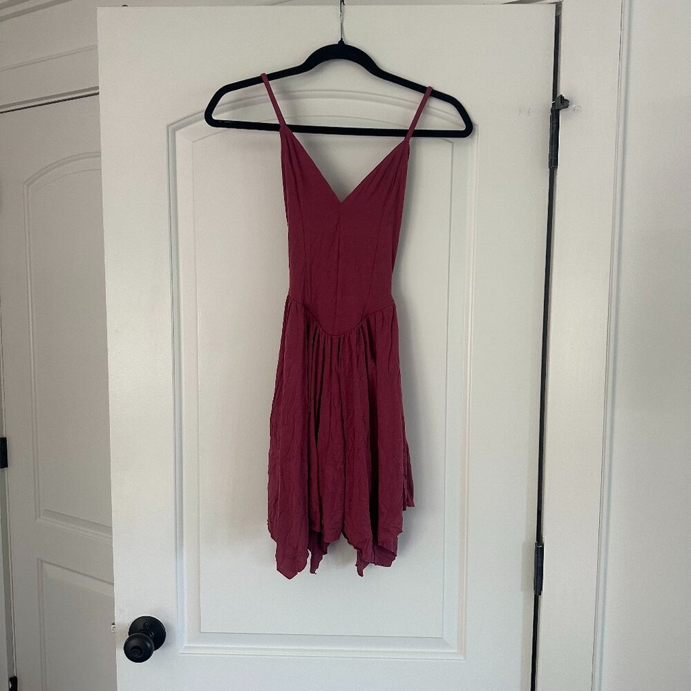 Oh Polly! Dark Pink, Handkerchief Hem, Plunge Neck, Tie Back, Mini Dress